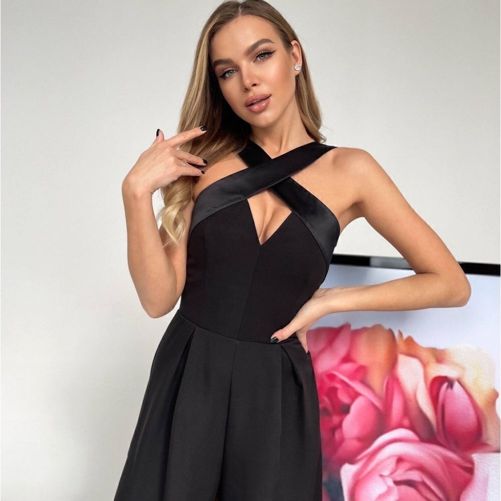 Nwt Elagia Formal Black Cross Neck Satin Sleeveless Wide Leg Jumpsuit Romper L — image 3 of 8
